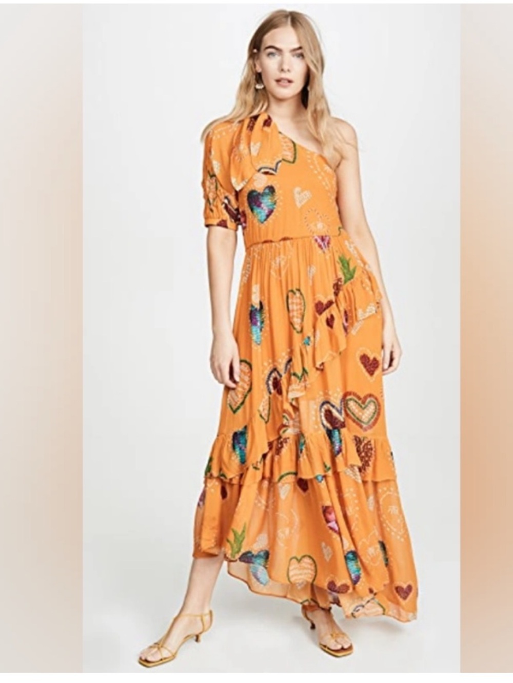 Farm Rio Yellow Hearts one shoulder dress size small